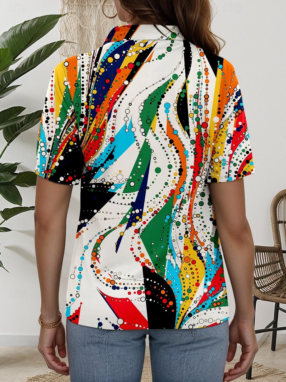 Dames Overhemd Grafisch Geometrisch Dagelijks Korte mouw Overhemdkraag Normale tops Dagelijks Regenboog Zomer Lente 2025 - $24.99 –P2