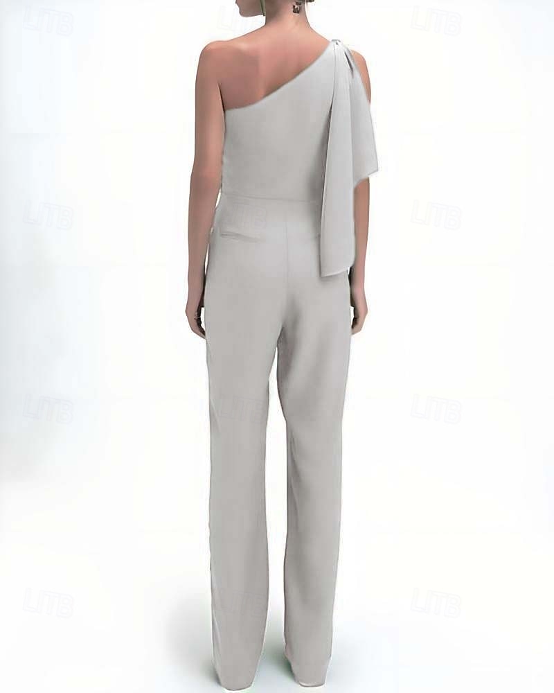 Combinaison  Pantalon de maman de la mariée Invitée de mariage élégante simple minimaliste épaule unique longueur de sol polyester sans manches avec nœud(s) volants couleur unie de 2025 ? $159.99 –P2