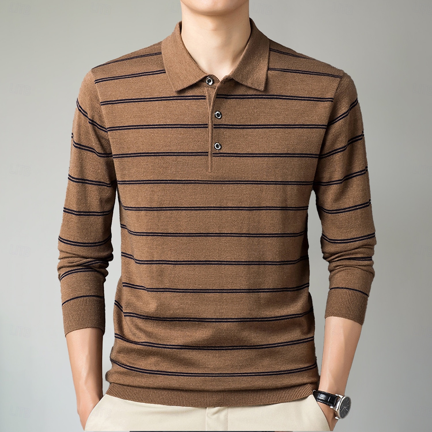 Herren-Poloshirt aus Wolle, Strick, Polopullover, formell, Arbeit, Umlegekragen, langärmlig, modern, bequem, gestreift, Knöpfe, Streifen, Frühling, Frühling & Herbst, normale Passform, Marineblau, Blau, Dunkelgrün, Braun, Polo 2025 - $31.99 –P8