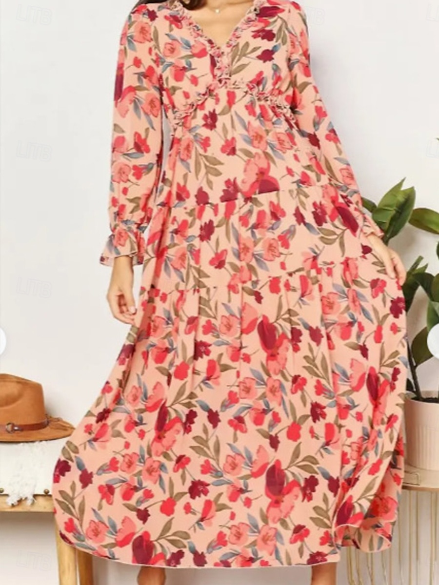 Kleid Brautmutterkleid Elegantes Lässiges V-Ausschnitt bodenlang Polyester Langarm mit Knöpfen Hochzeitsgastkleid 2025 2025 - $89.99 –P1