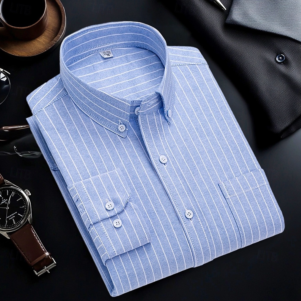 Per uomo Camicie Camicia abbottonata Camicia Oxford Camicia non stirabile Camicia a righe A quadri / A righe / Chevron Matrimonio Ufficio e carriera Blu chiaro Bianco Blu marino Blu reale Manica lunga del 2025 a $32.99 –P8