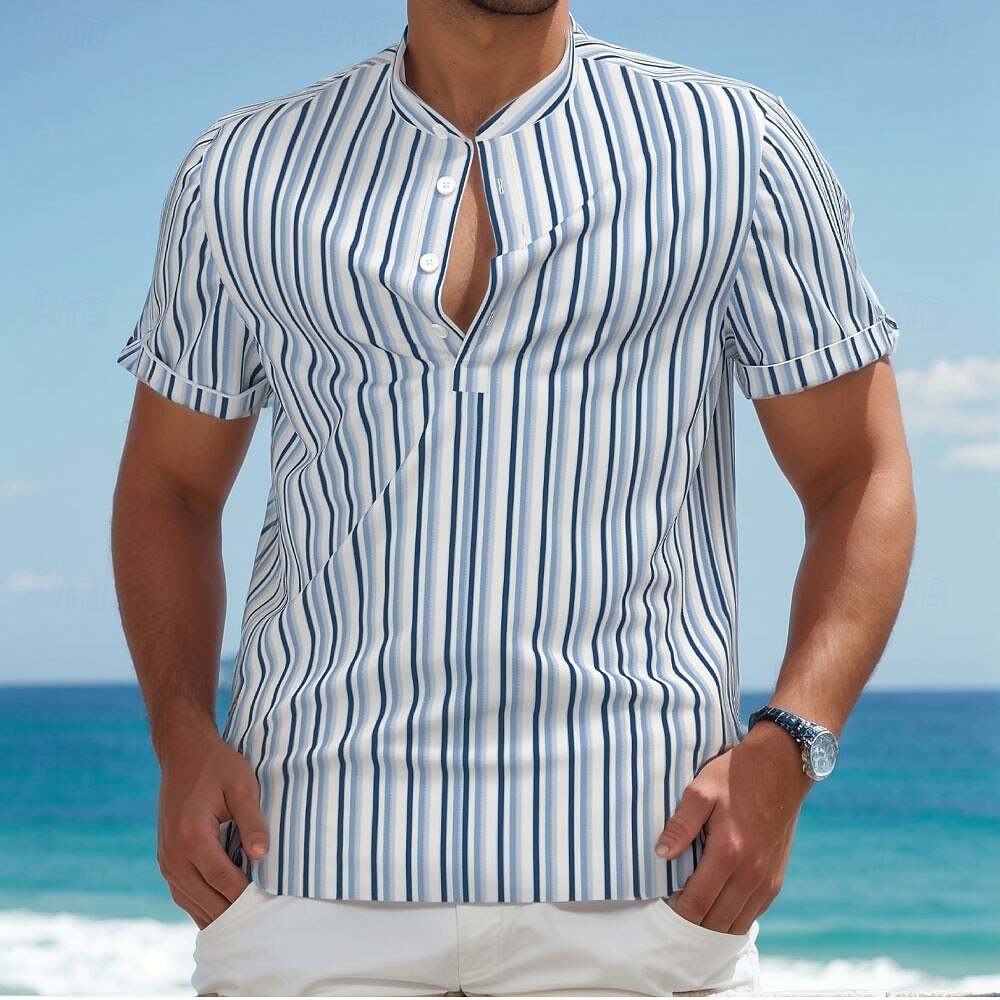 Per uomo Fantasia geometrica A strisce Camicia Camicia abbottonata Manica corta Moda Casual Da mare Per eventi Abbigliamento di strada Estate Primavera Colletto alla coreana Collare Henley Blu del 2026 a $25.99 –P1