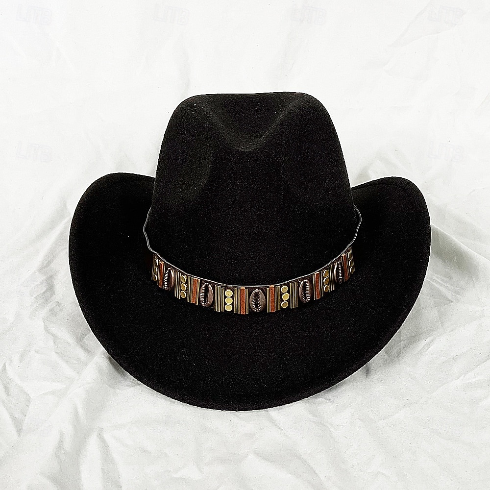 Metallgürtel Western Cowboyhut Herren Herren Damen Jazz Cowboyhut mit Leder breiter Krempe Glockenhut Kirche Sombrero Cowgirl 2026 - $16.49 –P8