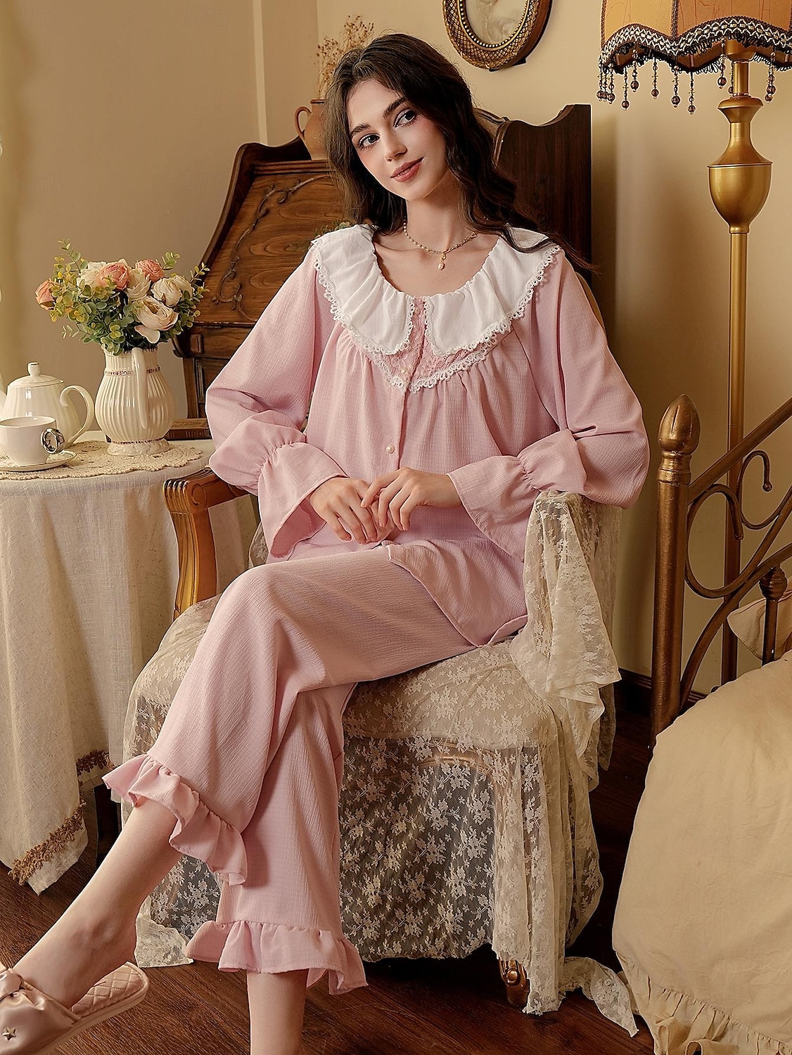 Women's Pajamas Loungewear Pajama Set Simple Comfort Sweet Pure Color Lace Ruffle Buttons Cardigan Pant Home Gift Daily Long Sleeve Lapel Pink Summer Spring Fall Winter Loose Fit 2025 - $25.99 –P1
