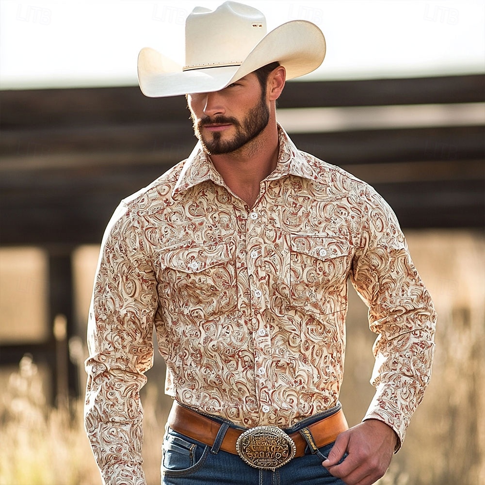 Herren Blumendruck Westernhemd Knopfhemd Cowboy-Shirt Langarm Western Vintage-Retro Lässig Outdoor Sommer Frühling Herbst Umlegekragen Hemden mit Kragen Zwei Fronttaschen Khaki 2026 - $32.99 –P1