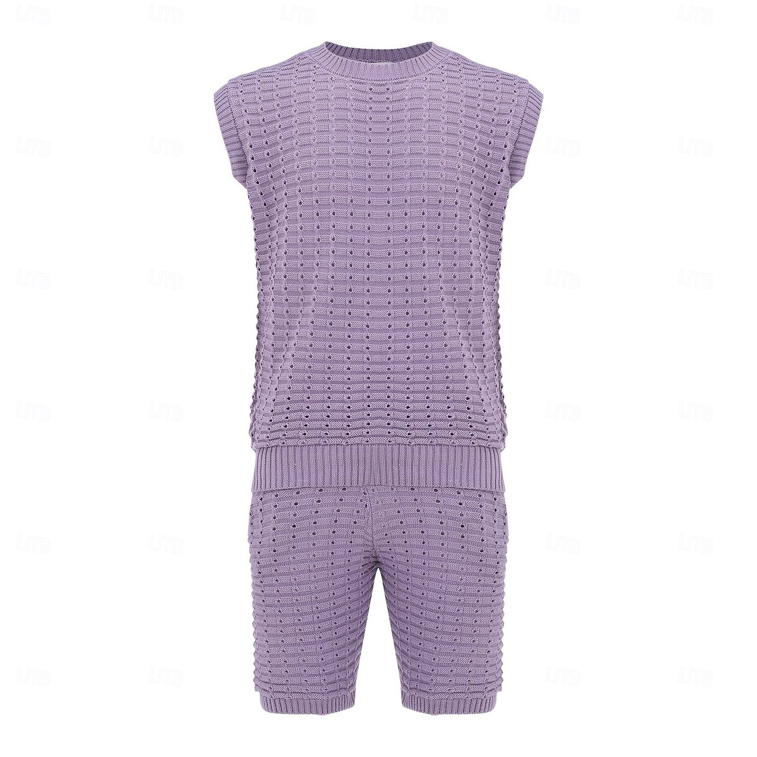 Homens Conjunto de shorts e camiseta Conjunto de T Sem Manga Crewneck Côr Sólida Roupa de Malha Tricotado Férias Roxo Bege Top Tee para Homens de 2025 por $40.99 –P7