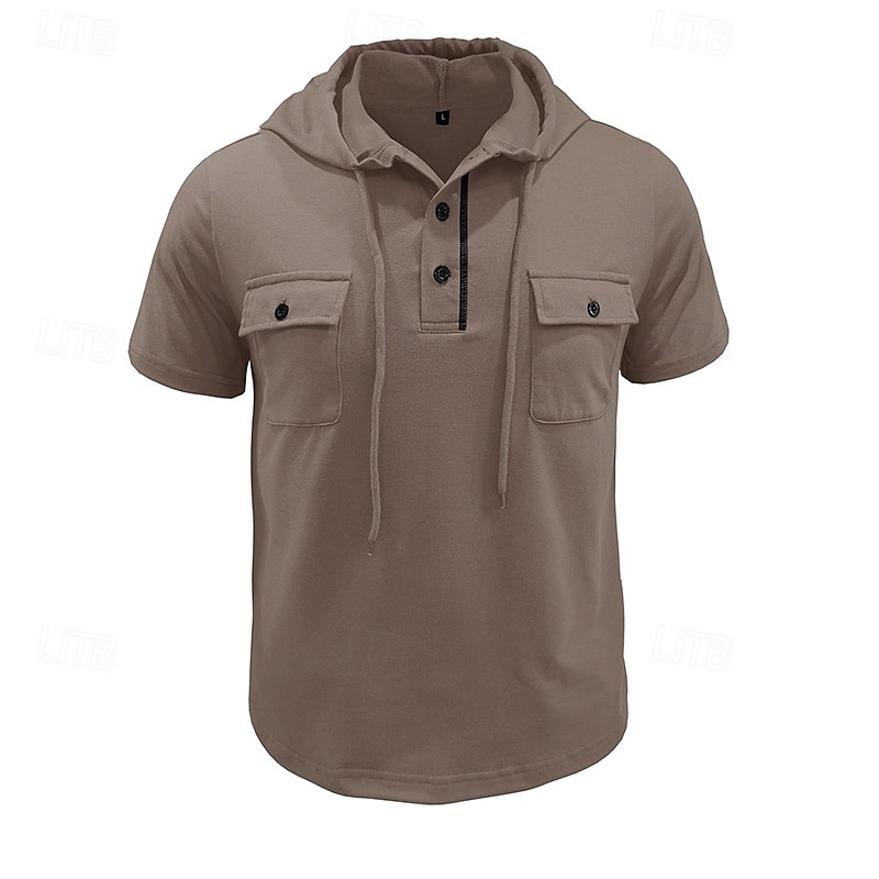 Men's T Shirt Henley Shirt Tee Short Sleeve Shirt Short Sleeve Hooded Henley Summer Spring Color Block Fashion Designer Basic Drawstring Vacation Street Going out Black Khaki Light Grey Top Tee for 2025 - $26.99 –P2