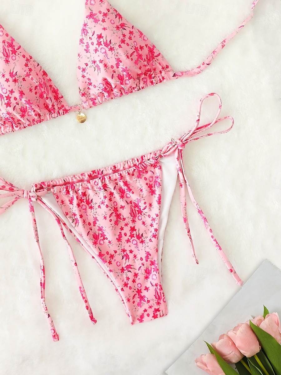 Dam Badkläder Bikini 2 st G-string Baddräkt Öppen rygg Smal Semester Standkläder Blommig V-hals Ärmlös Baddräkter 2025 - $22.99 –P4
