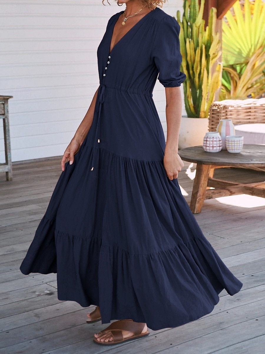 Women's Maxi Dress Casual Dress Swing Dress A Line Dress Casual Vacation Daily Regular Fit Plain Short Sleeve V Neck Black Navy Blue Fuchsia Green Summer 2025 - $31.99 –P13