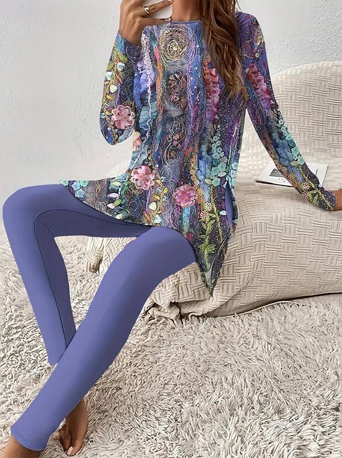 Dames 2 Delen Elegante Vakantie Mode T Shirt Broeksets Broek Lange Mouwen Ronde Hals Color Block Print Casual Dagelijks Druif Zomer Regelmatige Pasvorm 2025 - $31.99 –P1