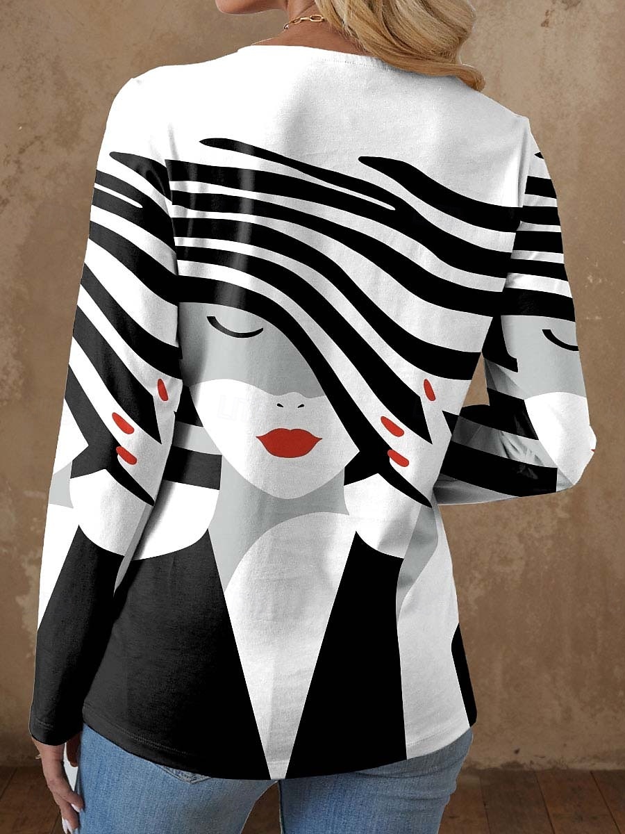 Femme T shirt Graphic Géométrique Décontractées manche longue Col V Hauts réguliers du quotidien Découpé Imprimer Noir et blanc Printemps Automne de 2025 ? $22.99 –P2