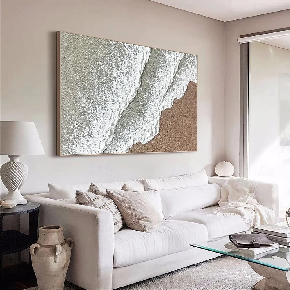 peinture à l'huile sur toile faite à la main représentant des vagues de l'océan, peinture abstraite de plage peinte à la main, art mural blanc, peinture texturée 3D marron, peinture de plage marron, de 2025 ? $75.99 –P6