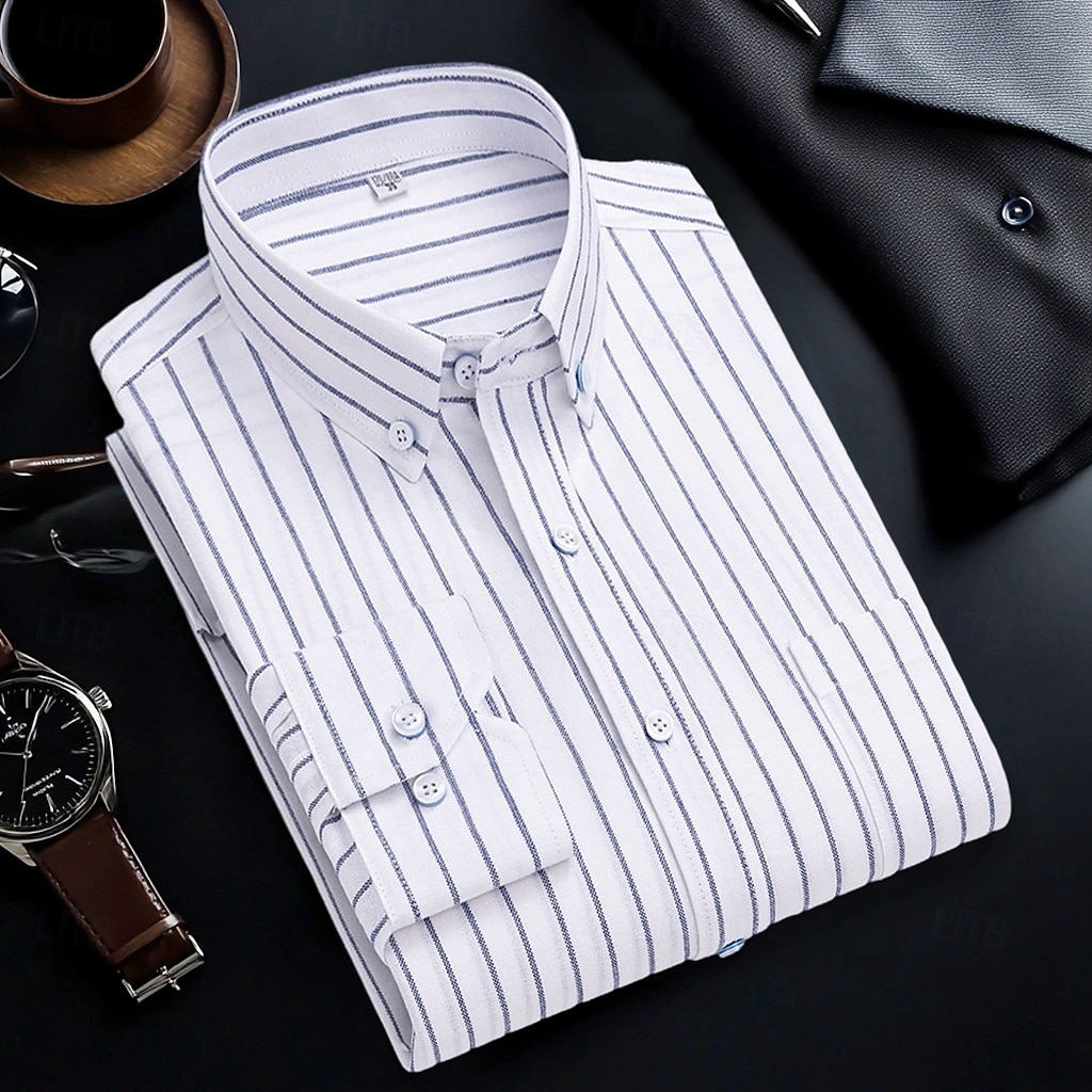 Per uomo Camicie Camicia abbottonata Camicia Oxford Camicia non stirabile Camicia a righe A quadri / A righe / Chevron Matrimonio Ufficio e carriera Blu chiaro Bianco Blu marino Blu reale Manica lunga del 2025 a $32.99 –P6
