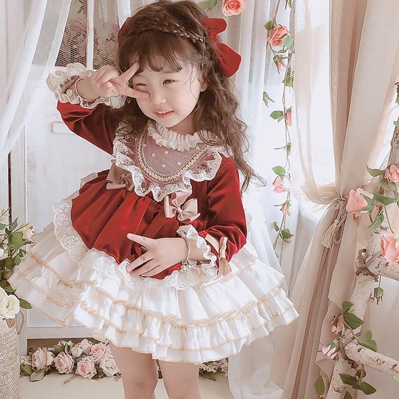 kinderkleidung Mädchen Kleid Lolita Kleid Farbblock Langarm Leistung Party Spitze Patchwork bezaubernd Kostüm Polyester Knielang Spitzenkleid Casual kleid Sommer Frühling 4 Jahre + Rosa Wein Rote 2025 - $54.99 –P8