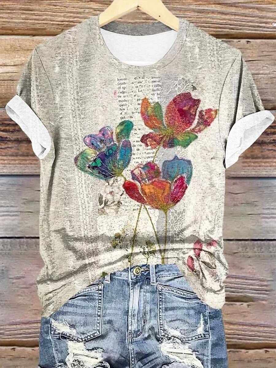 Femme T shirt Floral Décontractées Manche Courte Col Rond Hauts réguliers du quotidien Imprimer Jaune Eté de 2025 ? $19.99 –P1