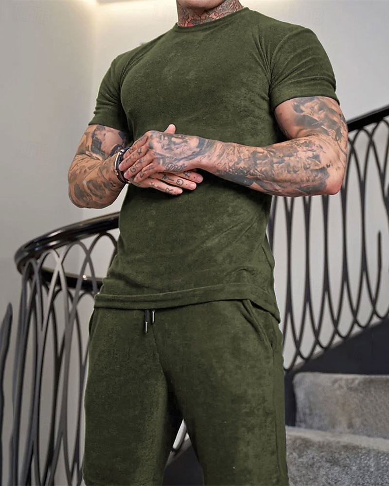 Homens Conjunto de treino Moletom Camiseta e shorts Conjunto Conjunto de roupas Gola Redonda Ao ar livre Diário Esportes Bolsos Com Cordão 2 Peças Côr Sólida Vermelho Vinho Azul Royal Verde Poliéster de 2025 por $41.99 –P11