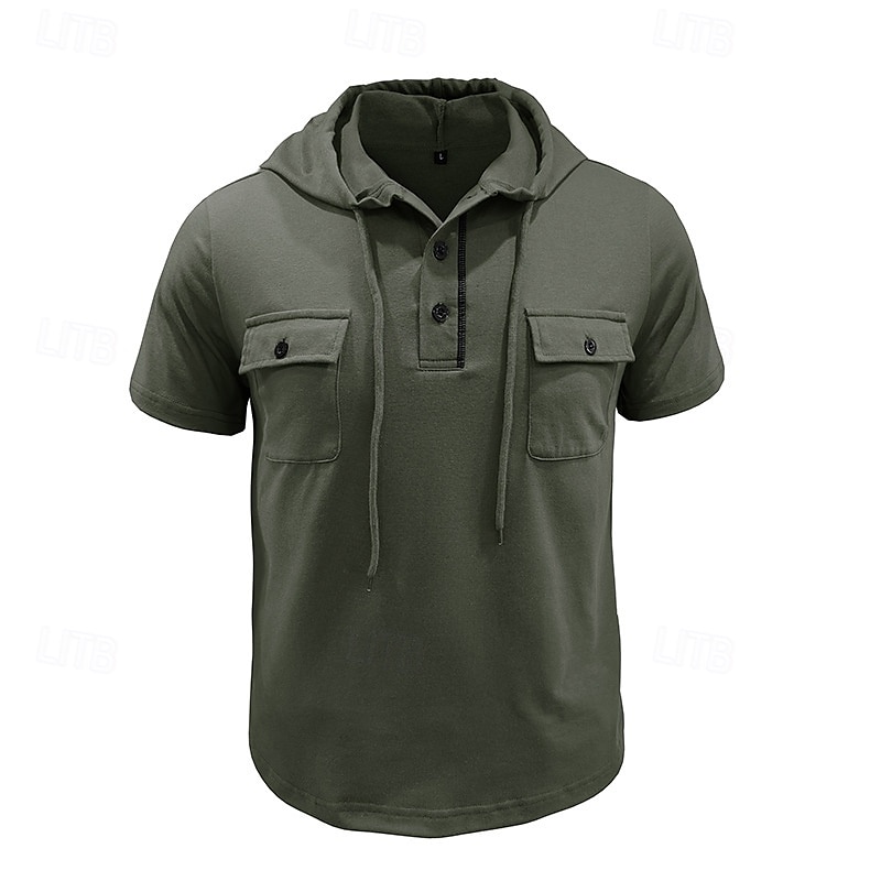 Men's T Shirt Henley Shirt Tee Short Sleeve Shirt Short Sleeve Hooded Henley Summer Spring Color Block Fashion Designer Basic Drawstring Vacation Street Going out Black Khaki Light Grey Top Tee for 2025 - $26.99 –P5