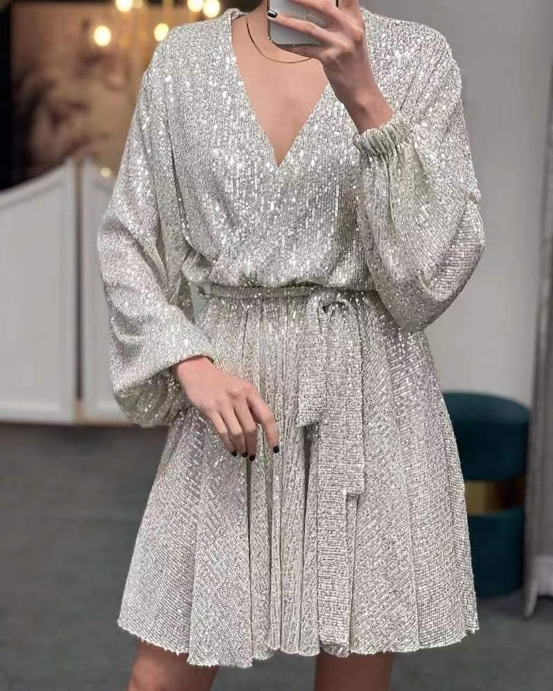 Pentru femei Rochie Mini Rochie cu paiete Rochie eleganta Elegant Epocă Modă Mâneci Bufante Serată Petrecere Petrecere cu cocktail Fit regulat Culoare pură Manșon Lung În V Argintiu Șampaniu 2026 - $31.99 –P1