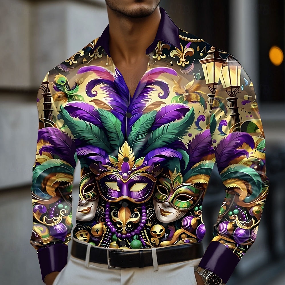Mardi gras Męskie Maska Karnawał Satynowa koszula Koszule eleganckie Zapinana na guziki koszula Długi rękaw Moda na co dzień Święto Lato Wiosna Wieczorne Koszule z kołnierzykiem Druk 3D Fioletowy 2025 - $27.99 –P1