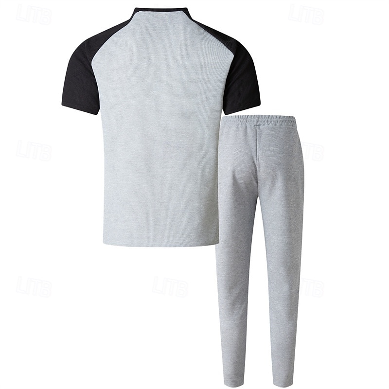 Herren T-Shirt Anzüge T-Shirts und lange Hosen mit Kordelzug 2-teiliges Outfit Kurzarm Henley Sommer Frühling Farbblock Mode Lässig 2 teilig Urlaub Alltagskleidung Ausgehen Wein Grün Khaki Top 2026 - $37.99 –P3