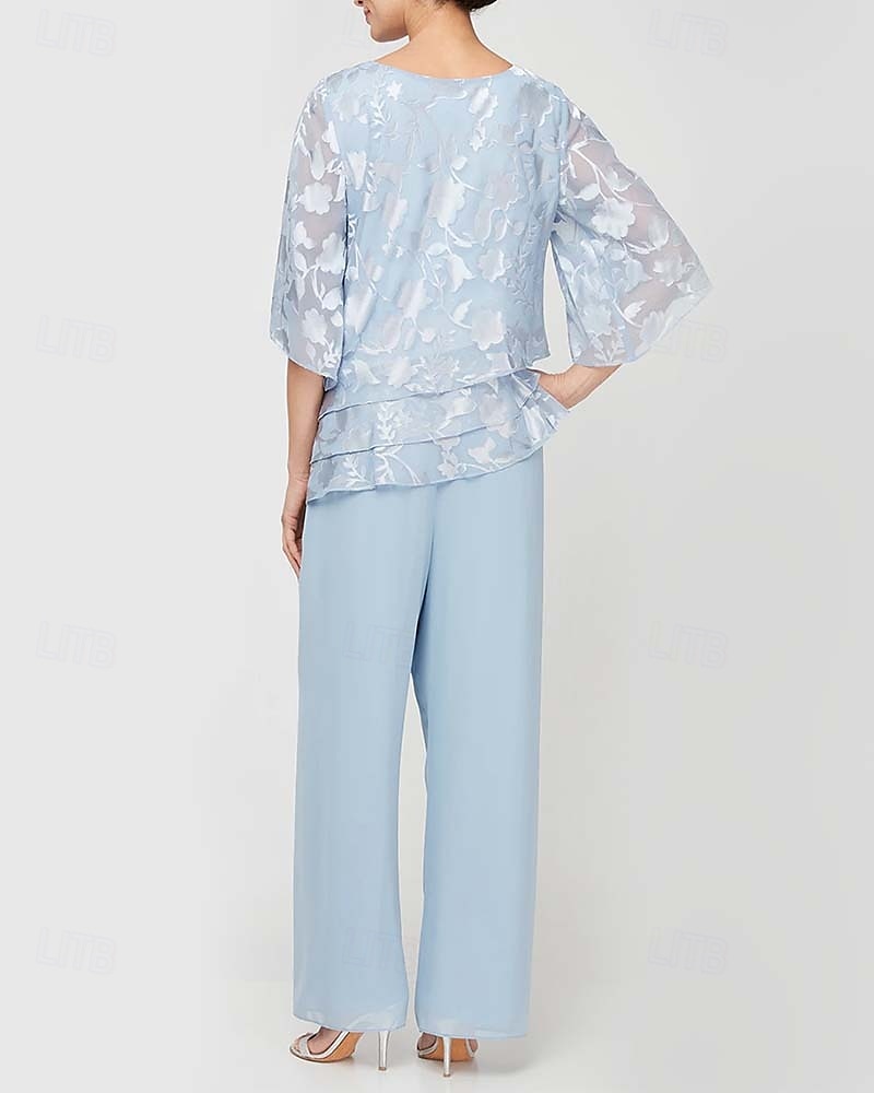 Jumpsuit  Hosenanzug Brautmutter Blumenspitze Elegant Einfach Minimalistisch Bootsausschnitt Bodenlange Chiffon 3/4 Länge Ärmel mit Rüschchen Kaskadierende Rüschen Einfarbig 2025 - $203.99 –P3