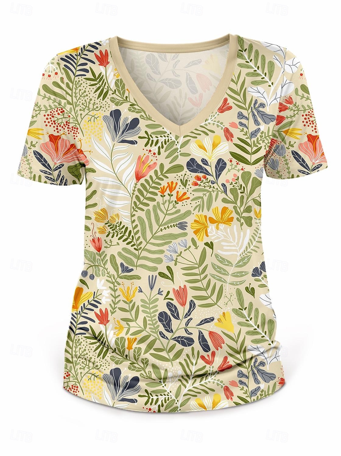 Dame T skjorte Blomstret Stilfull Fritid Kortermet V-hals Vanlige topper Daglig Ut på byen Helg Trykt mønster Beige Sommer Vår 2025 - $19.99 –P3
