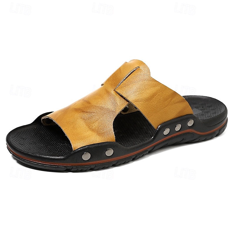 sandales décontractées à enfiler en cuir jaune pour hommes avec détails cloutés, chaussures d'extérieur confortables pour l'été de 2025 ? $26.99 –P2