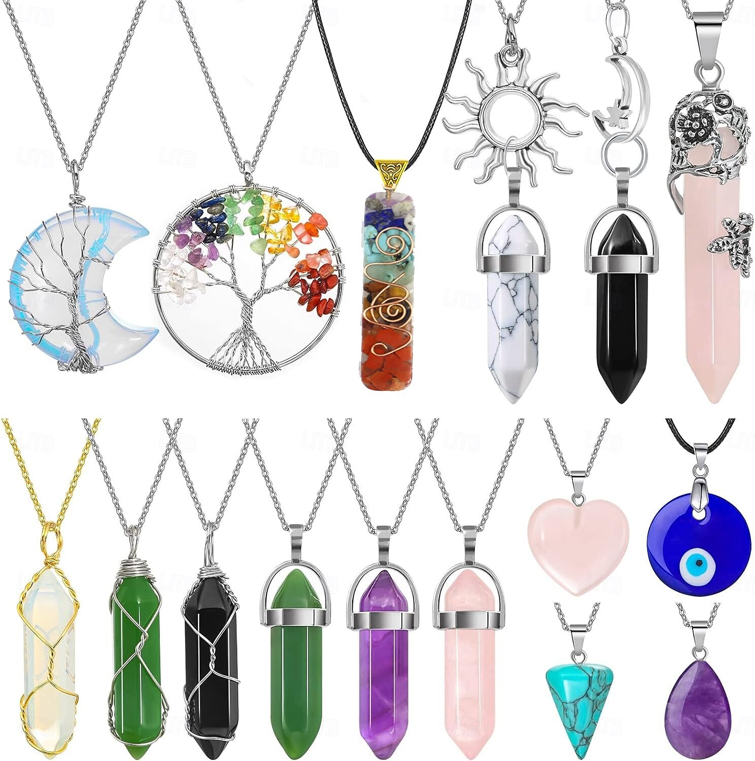 Colar com pingente de cristal de 16 peças, coluna hexagonal de ametista, fio trançado de mau olhado, colar com pingente de árvore da vida de 2025 por $33.99 –P1