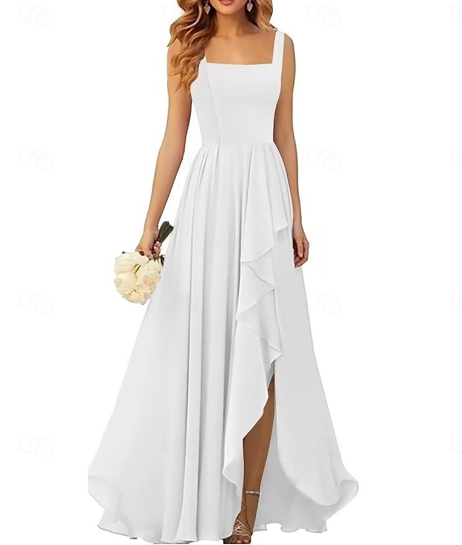 Linha A Vestido de Madrinha Correias / Decote Quadrado Sem Manga Elegante Longo Chiffon / Elastano com Pregas / Fru-Fru / Pregueado 2022 de 2025 por $162.99 –P5