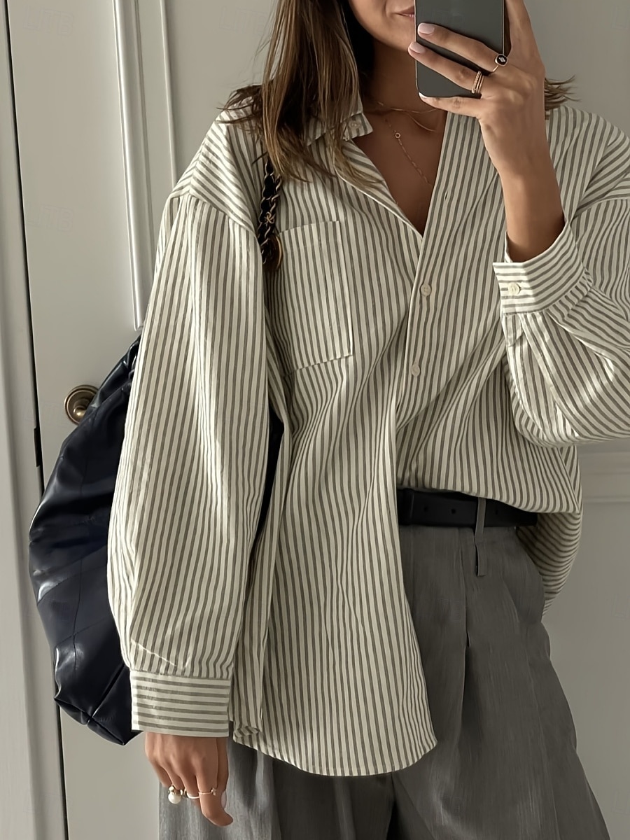 Dame Skjorte Bluse Stripet Stilfull Fritid Langermet Skjortekrage Vanlige topper Daglig Knapper Lomme Trykt mønster Grå Sommer Vår 2025 - $33.99 –P1