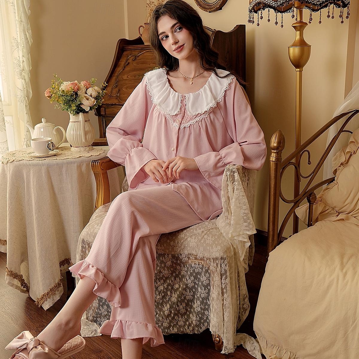 Women's Pajamas Loungewear Pajama Set Simple Comfort Sweet Pure Color Lace Ruffle Buttons Cardigan Pant Home Gift Daily Long Sleeve Lapel Pink Summer Spring Fall Winter Loose Fit 2025 - $25.99 –P8