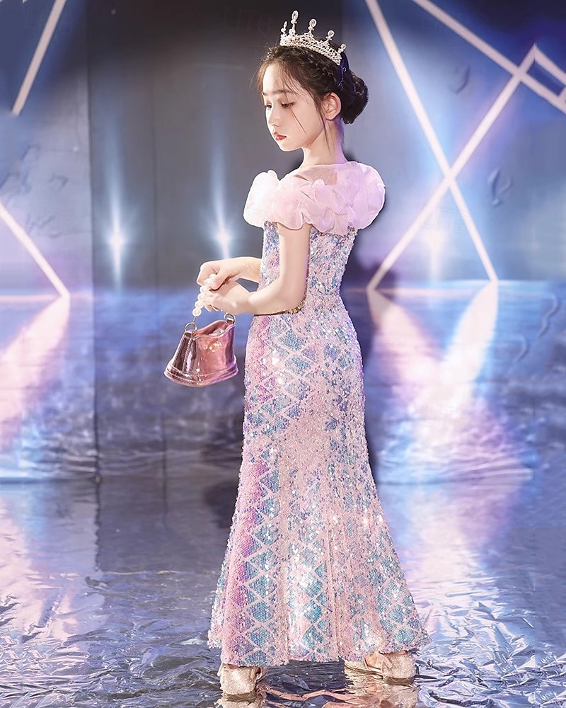 kinderkleidung Mädchen Kleid Meerjungfrau Kurzarm Leistung Party Gitter Puffärmel bezaubernd Kostüm Polyester Maxi Casual kleid Trompeten- Meerjungfrauenkleid Sommer Frühling 4 Jahre + Rosa 2025 - $78.99 –P2