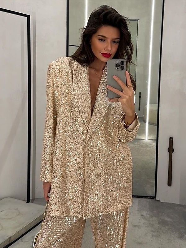 smoking todelt buksedress blazer aftenkjole elegant kjole formell bryllup gulvlengde langermet skjortekrage paljett med sløyfe(r) splitt 2025 2025 - $129.99 –P1