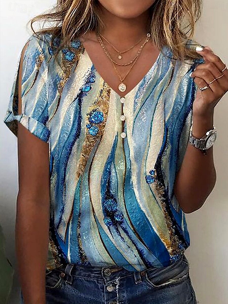 Kvinne Bluse Ombre Grafisk Stripete Casual Kort Erm V Utringet Regular Tops Daglig Knappe Print Blå Sommer 2025 - $27.99 –P1