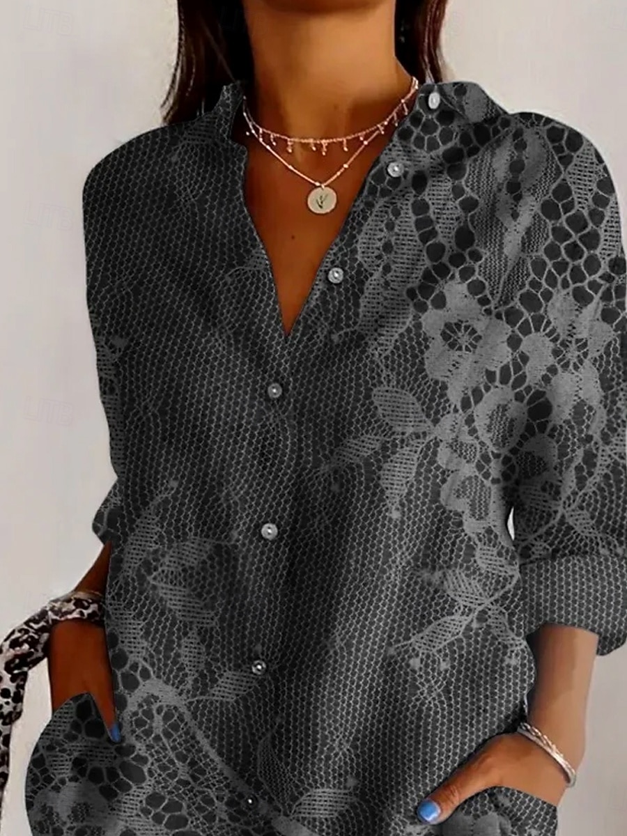 Camicia da donna in lino simile traspirante leggera camicia tunica con bottoni colletto a maniche lunghe stampa 3D floreale grafico quotidiana elegante retrò vintage top regolari quotidiani festa del 2026 a $37.99 –P2
