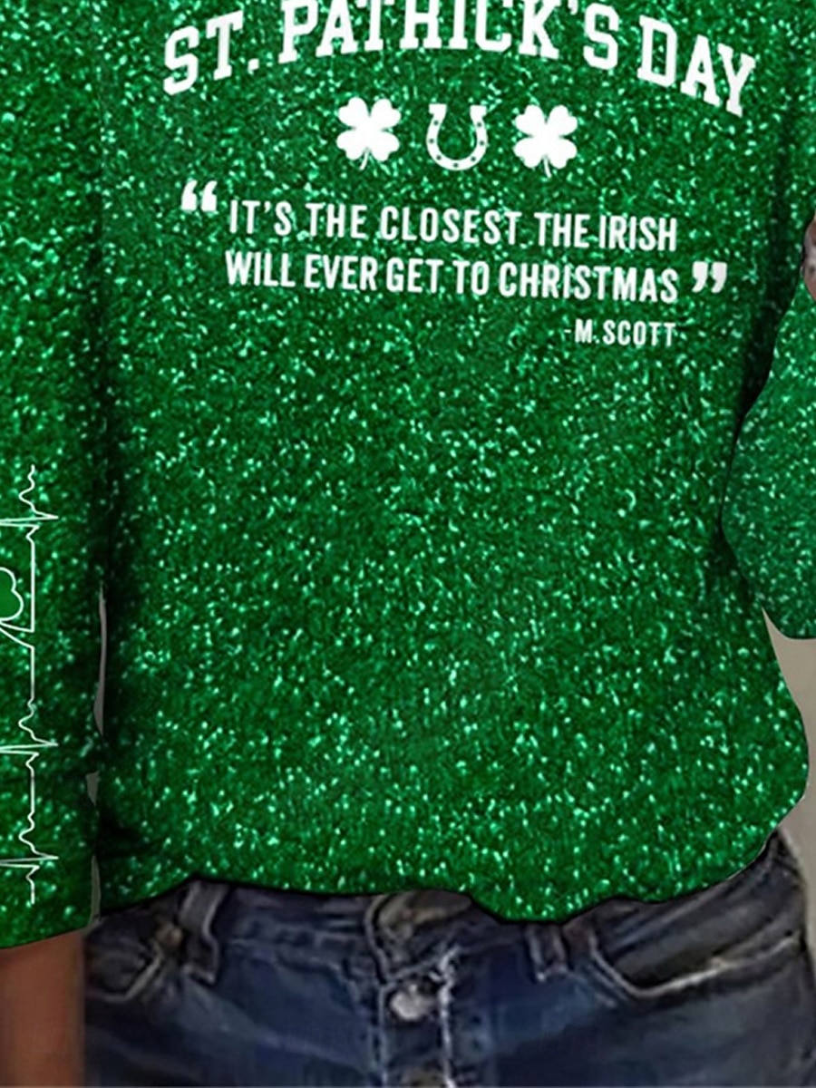 St. Patrick Women's T Shirt Letter Casual Long Sleeve Crew Neck Regular Tops Daily Print Green Spring Fall 2026 - $22.99 –P3