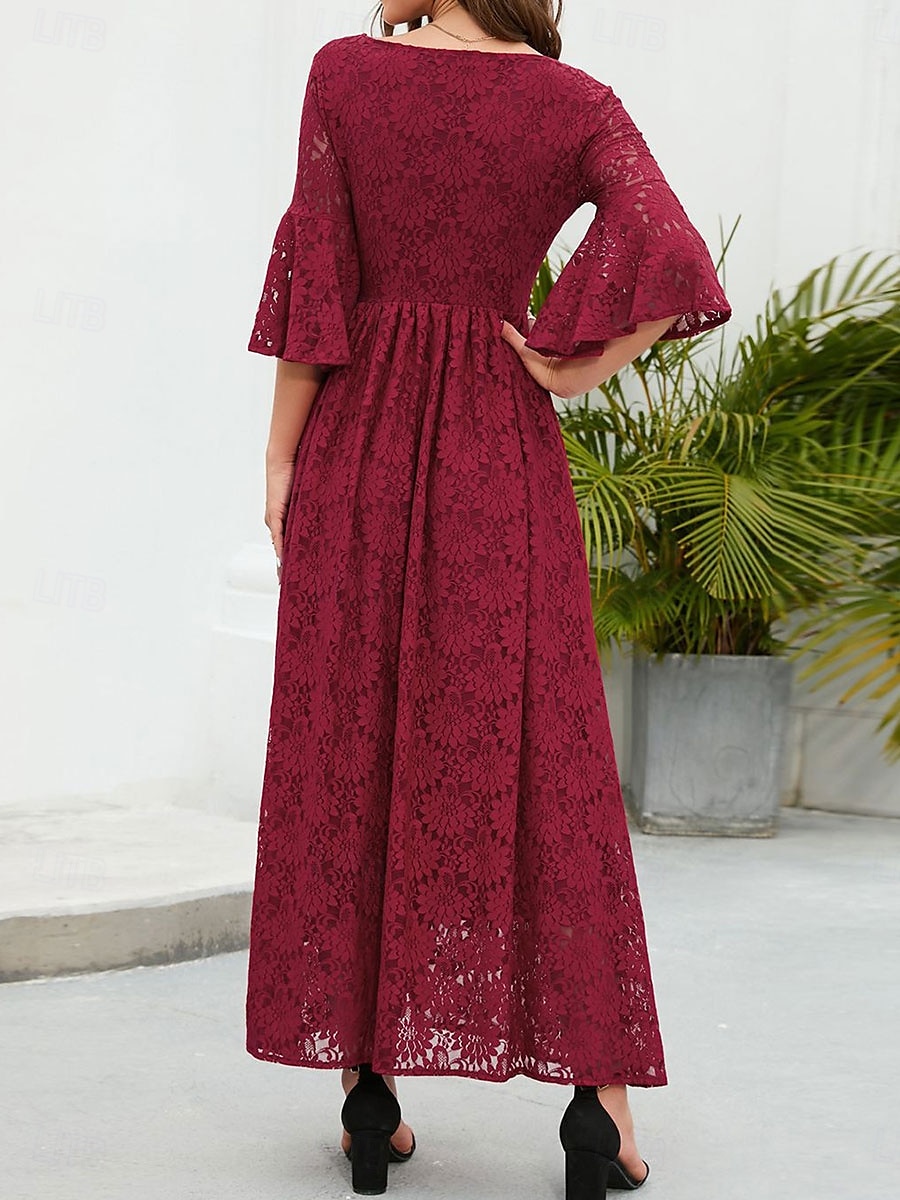 Damskie Sukienka midi Koronkowa sukienka Sukienka maxi Sukienka A line Elegancja Elegancki Codzienny Rozkloszowany rękaw Urlop Impreza Codzienny Regularny Równina Krótki rękaw Półgolf Czarny Wino 2025 - $46.99 –P7