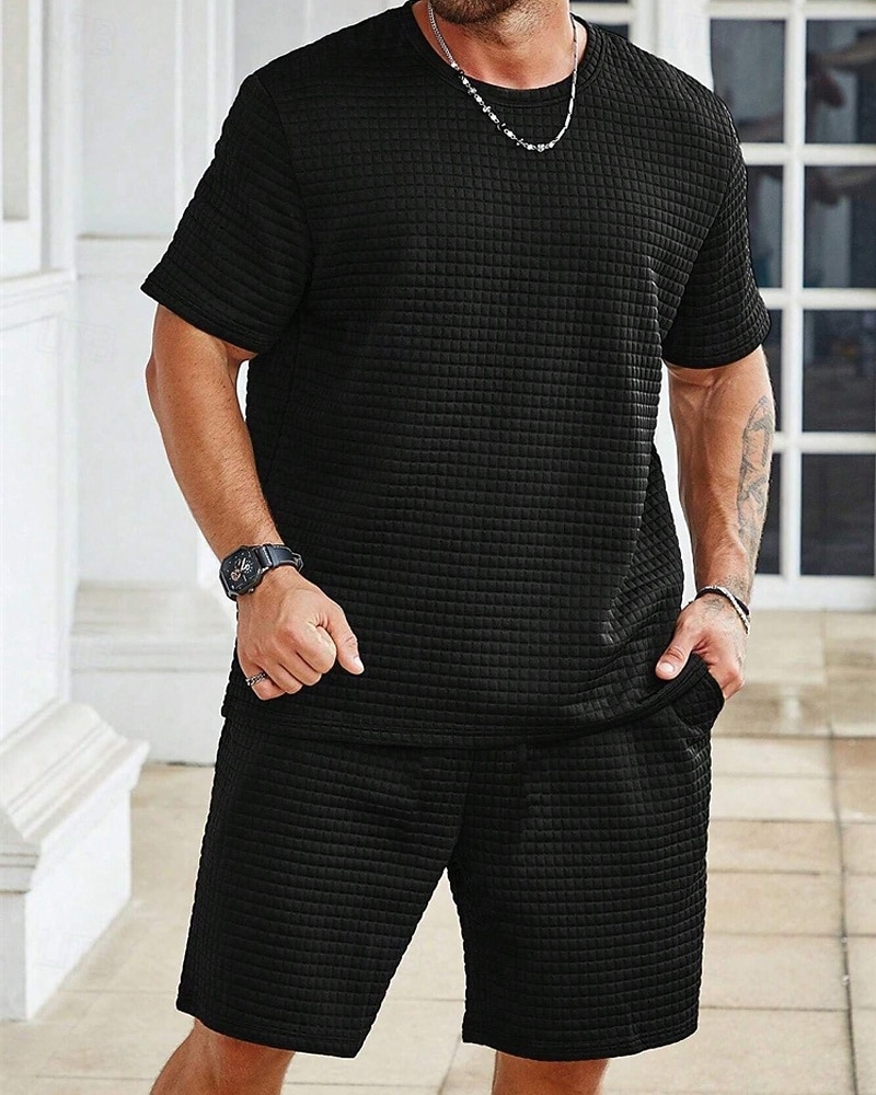 Hombre Waffle Tracksuit Camiseta y pantalones cortos Conjunto Conjunto de atuendo Cuello Barco Exterior Diario Deportes Bolsillo Correa 2 Piezas Plano Negro Blanco Caqui Poliéster Ropa de Deporte 2026 - $37.99 –P4