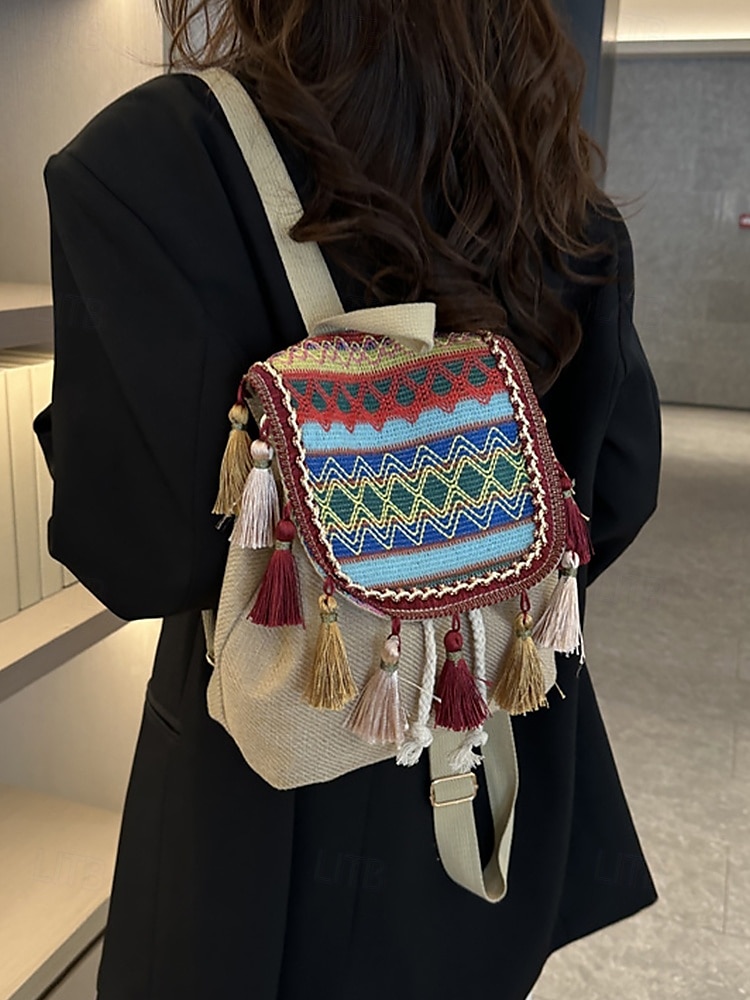 bohemisk tofsryggsäck med broderad design – snygg damryggsäck i canvas för vardags-, resor och festivalkläder 2025 - $14.99 –P3