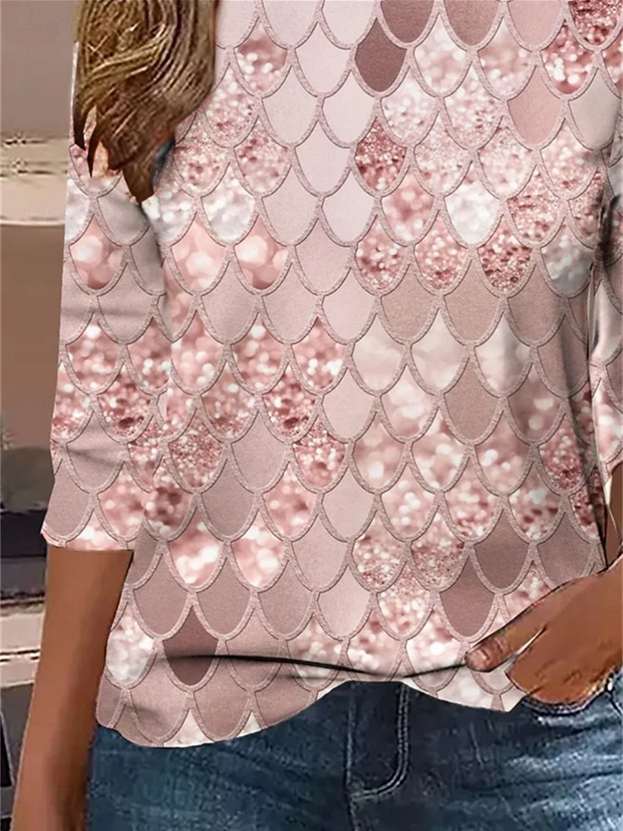 Tricou pentru femei cu guler rotund mânecă lungă tunică geometrică Casual Topuri obișnuite zilnice imprimeu Roz Primăvară Toamnă 2026 - $24.99 –P3