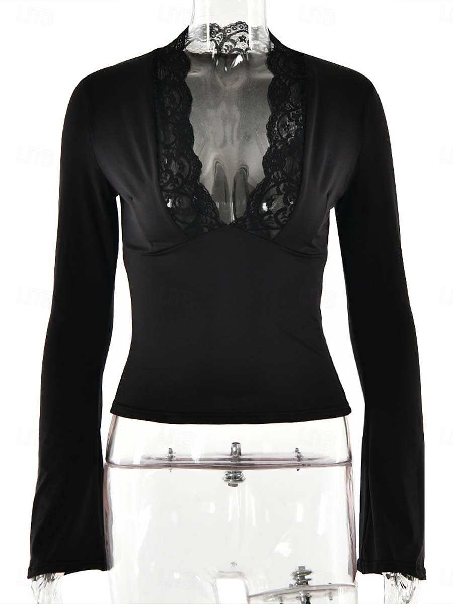 Damen Oberteil mit Spitzenspleiß Sexy Langarm V Ausschnitt Normale Oberteile Weinrot Schwarz Sommer Frühling 2025 - $21.99 –P3