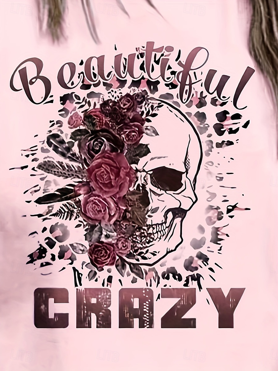 Női T-Shirt Virágos Koponya Stílusos Hétköznapi Ujjatlan Kerek Nyak Normál Felsők Napi Nyomtatás Fehér Rózsaszín Nyár 2025 - $17.99 –P3