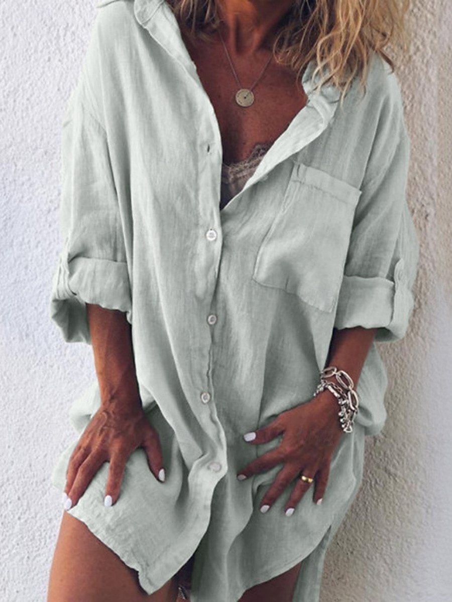 Abito mini da donna Abito camicia Abito casual Di base Casual Vacanza Quotidiano Vestibilità regolare Lino semplice Maniche lunghe Colletto Nero Verde chiaro Rosa Blu Estate del 2025 a $19.99 –P8