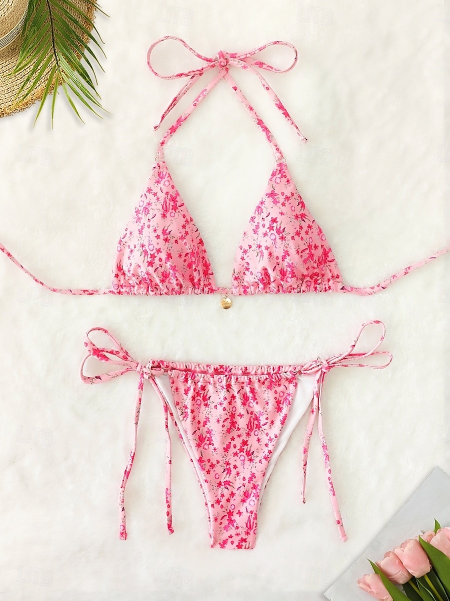 Dam Badkläder Bikini 2 st G-string Baddräkt Öppen rygg Smal Semester Standkläder Blommig V-hals Ärmlös Baddräkter 2025 - $22.99 –P2