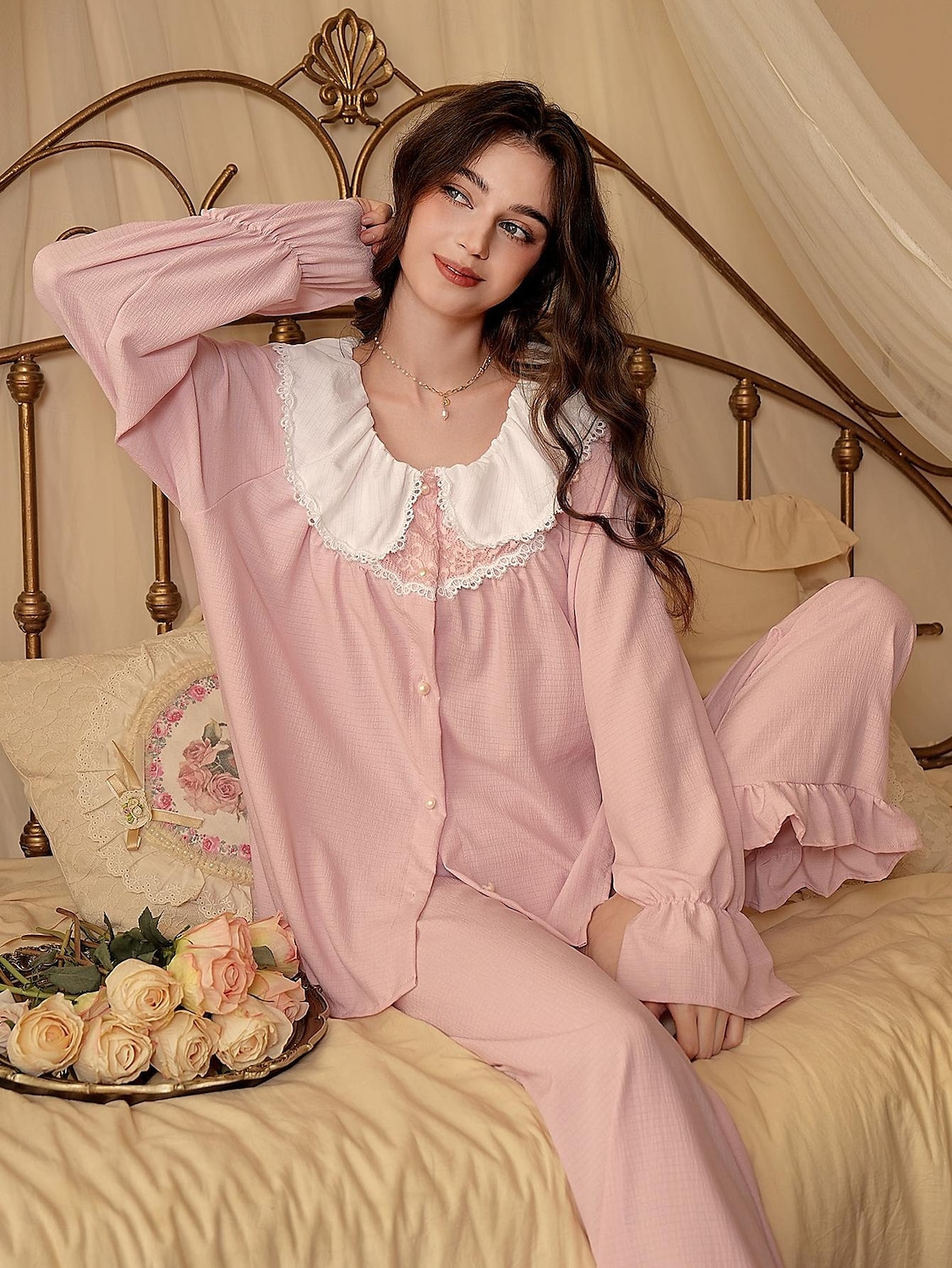 Women's Pajamas Loungewear Pajama Set Simple Comfort Sweet Pure Color Lace Ruffle Buttons Cardigan Pant Home Gift Daily Long Sleeve Lapel Pink Summer Spring Fall Winter Loose Fit 2025 - $25.99 –P7