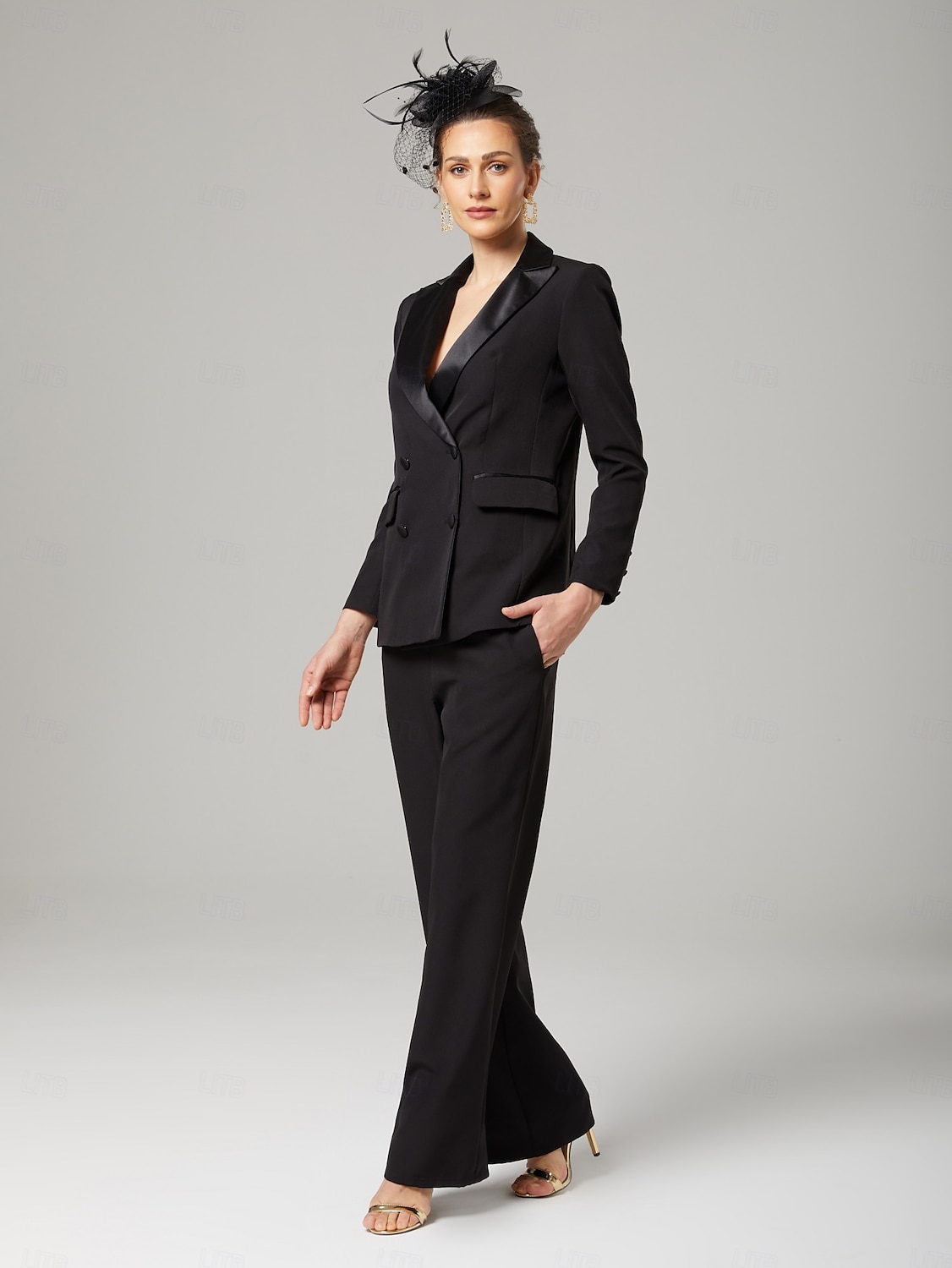 Hosenanzug der Brautmutter Eleganter Hemdkragen knöchellang dehnbare Chiffon lange Ärmel mit Knöpfen einfarbig 2025 2025 - $179.99 –P4