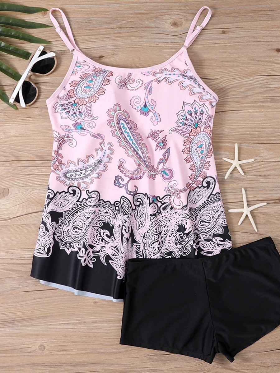 Kvinnors tankini 2-delad baddräkt Boho shorts mage kontroll hög midja smal rygglös semester strandkläder paisley U-hals ärmlösa baddräkter 2026 - $33.99 –P13