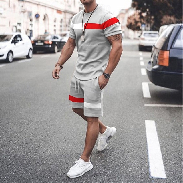 Men's T-shirt Suits 2 Pieces Outfits Tee & Shorts Short Sleeve Crewneck Summer Color Block Fashion Casual 2 Piece Vacation Daily Wear Going out Black Pink White Top Tee for Men 2025 - $27.99 –P1