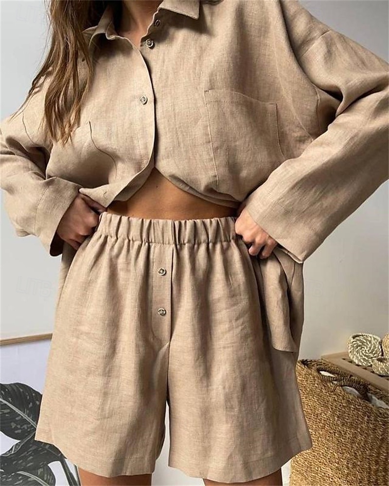 Pentru femei Modă Șic Stradă Cămașă Seturi inspirate de in Seturi din două piese Pantaloni scurți de plajă Pantaloni scurți largi Manșon Lung Guler Cămașă Culoare solidă Cordon Vacanță Purtare Zilnică 2025 - $27.99 –P8