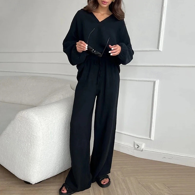 Women's Fashion Streetwear Shirt Two Piece Sets Linen Pants Pants Trousers Long Sleeve Shirt Collar Solid Color Drawstring Daily Wear Date Black White Orange Summer Regular Fit 2025 - $28.99 –P9